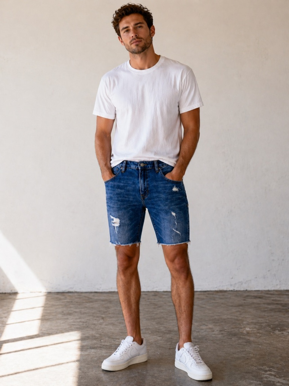 American Eagle Outfitters Men's Blue Distressed Jean Shorts Extreme Flex